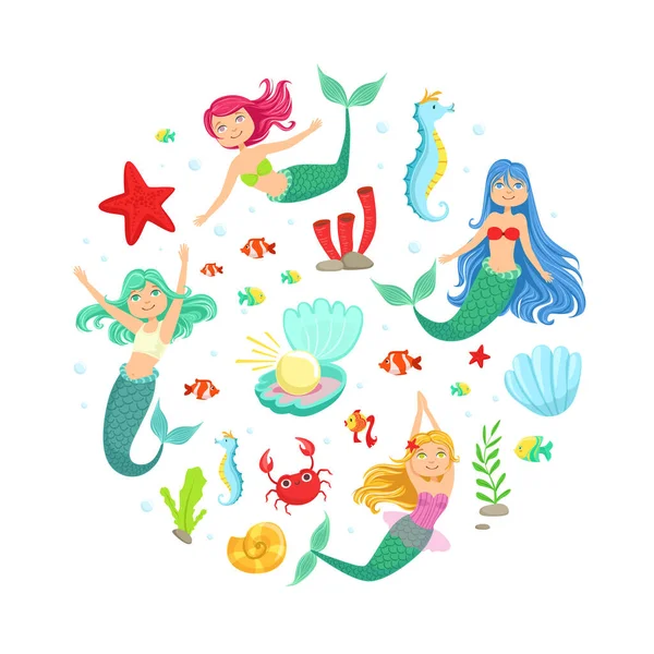 Plantilla de banner con sirenas lindas y elementos de naturaleza acuática de forma redonda, Tarjeta de felicitación de fiesta temática bajo el mar, Invitación, Ilustración de vectores de volante — Archivo Imágenes Vectoriales