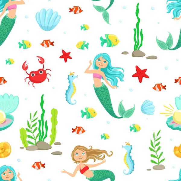Marine Life Seamless Pattern, Cute Little Mermaids and Aquatic Nature, Design Element Can Be Used for Fabric, Wallpaper, Packaging, Web Page Vector Illustration — Stock Vector