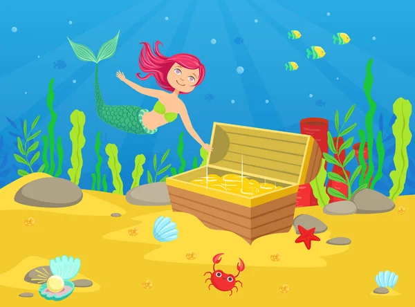 Vie marine avec jolie petite sirène et trésors dans la poitrine au fond de la mer Illustration vectorielle — Image vectorielle