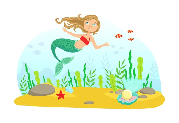Vie marine avec petite sirène mignonne et nature aquatique, Illustration vectorielle de thème de mer — Image vectorielle