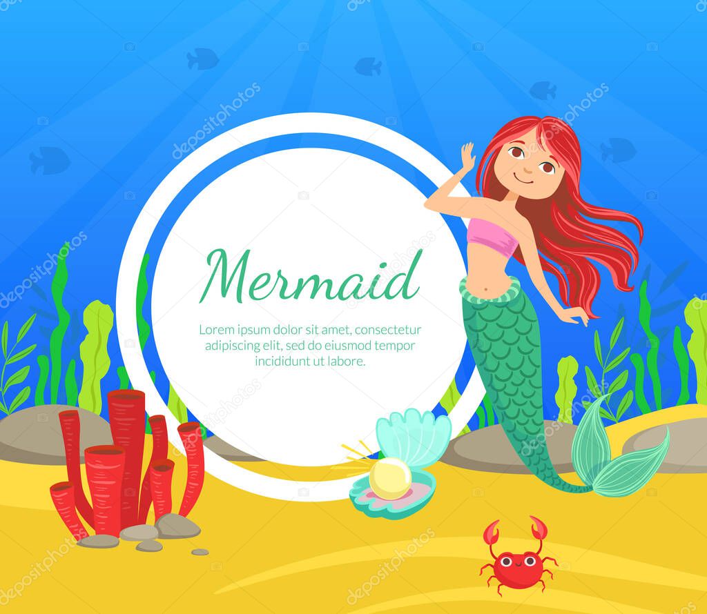Mermaid Party Banner Template, Cute Aquatic Nature, Under the Sea Theme Party Greeting or Invitation Card, Flyer Vector Illustration