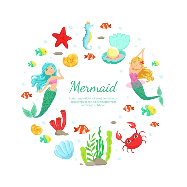 Mermaid Banner Template Cute and Aquatic Nature Elements of Round Shape and Space for Text, Under the Sea Theme Party Greeting or Invitation Card, Flyer Vector Illustration — Stock Vector
