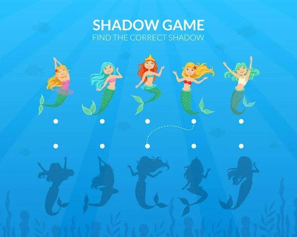 Cute Little Fairytale Mermaids, Find the Correct Shadow Educational Game for Kids Vector Illustration — Stock Vector