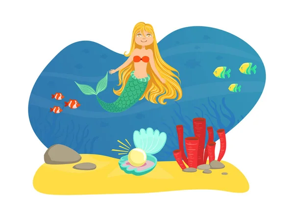 Marine Life with Cute Smiling Little Mermaid and Aquatic Nature, Sea Theme Vector Illustration — Stock Vector