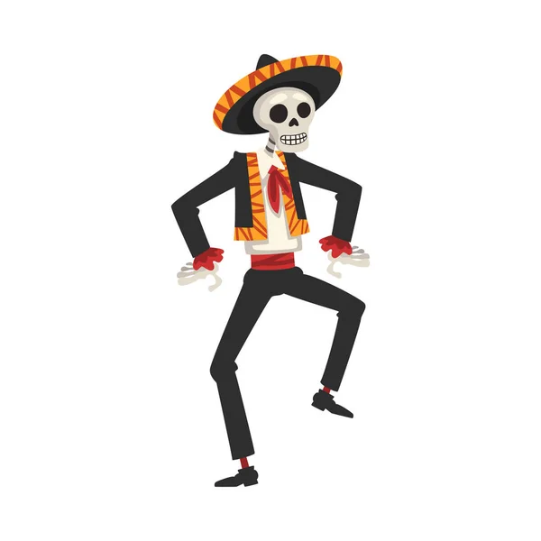 Esqueleto Masculino no Traje Nacional Mexicano Dançando, Dia dos Mortos Dia de los Muertos Conceito Vetor Ilustração — Vetor de Stock