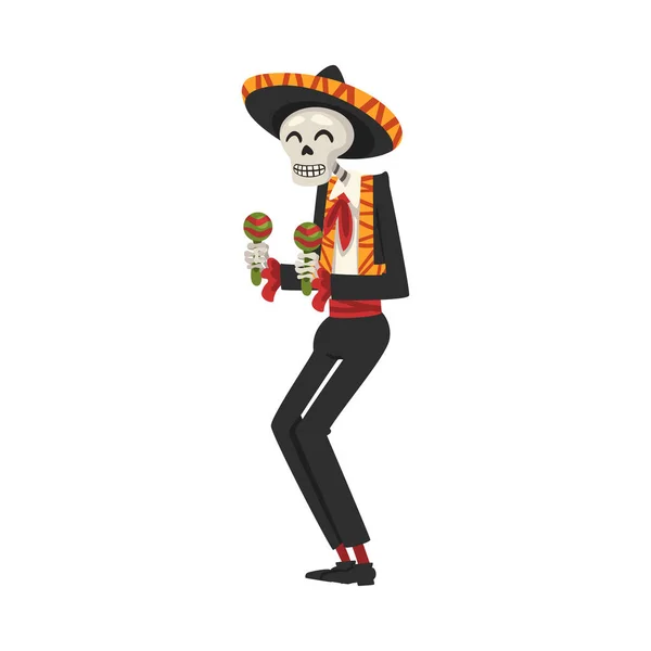 Manlig Skelett i Mexikanska nationalkostymen spelar Maracas, Day of the Dead Dia de los Muertos Concept Vector Illustration — Stock vektor