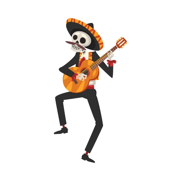 Mężczyzna szkielet w meksykańskim stroju gra na gitarze, Day of the Dead Dia de los Muertos Concept Wektor Ilustracja — Wektor stockowy