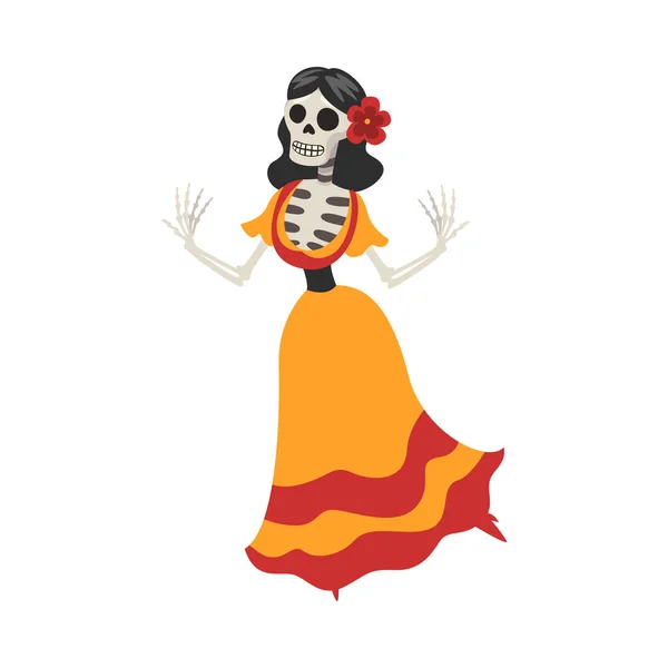 Esqueleto de mulher mexicana em um vestido Dançando, Dia dos Mortos Dia de los Muertos Conceito Vetor Ilustração —  Vetores de Stock