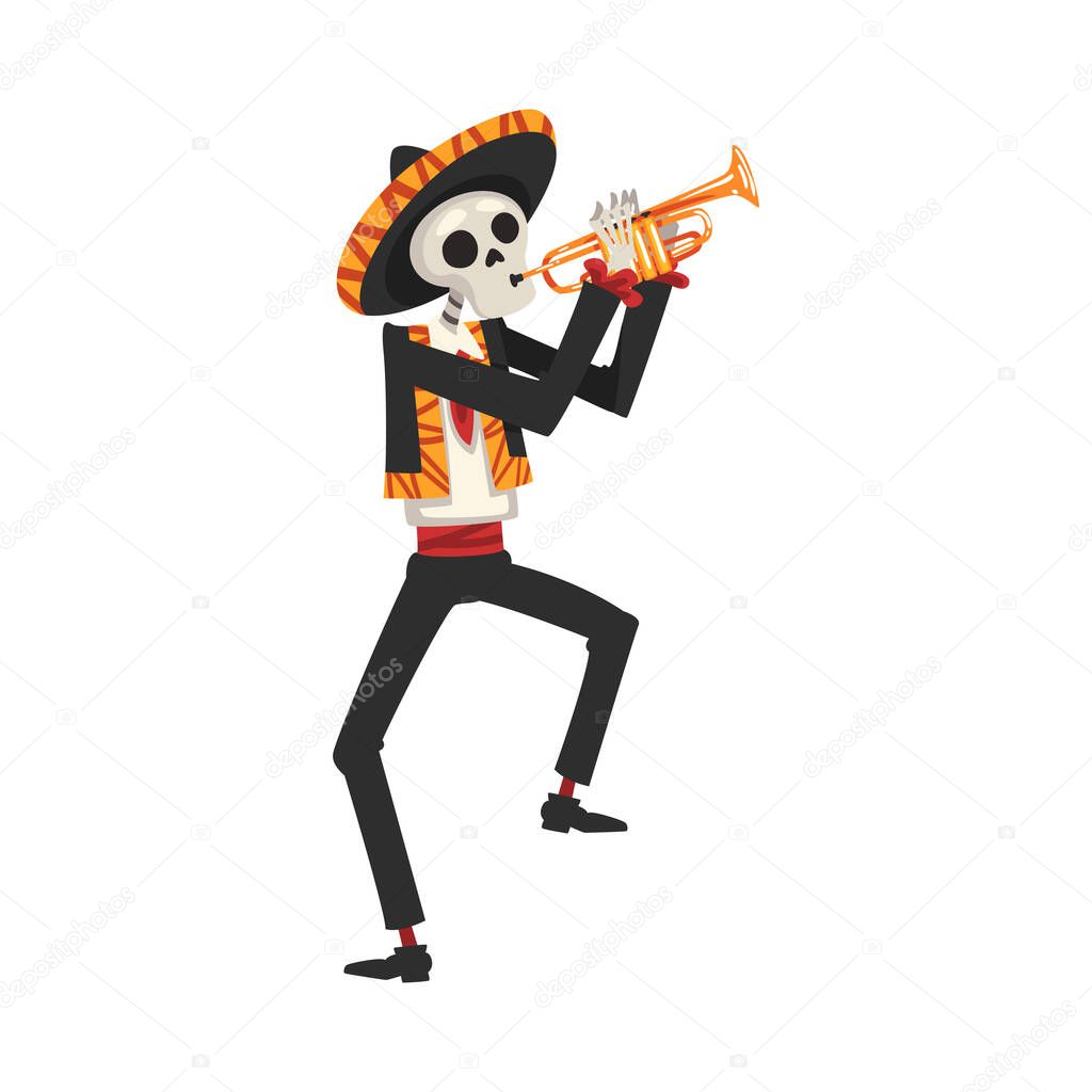 Male Skeleton in the Mexican National Costume Playing Trumpet, Day of the Dead Dia de los Muertos Concept Vector Illustration