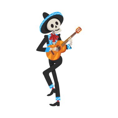 Meksika Ulusal Kostümlü Erkek İskeleti ve Sombrero Şapkalı Gitar Çalıyor, Ölü Dia de los Muertos 'un Günü