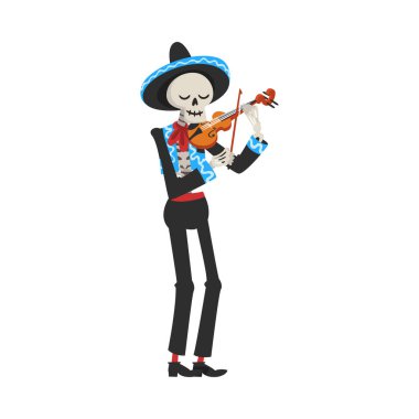Meksika Ulusal Kostümlü Erkek İskeleti ve Sombrero Şapkalı Keman Çalıyor, Ölü Dia de los Muertos Günü