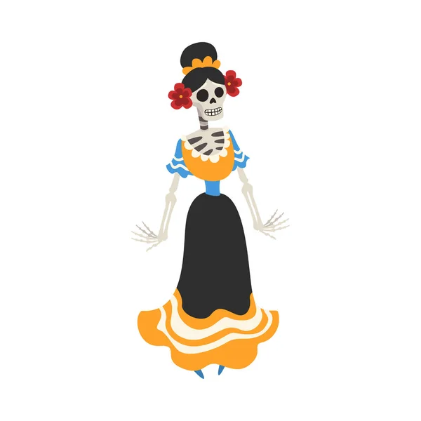 Esqueleto de mulher mexicana em um vestido, Dia dos Mortos Dia de los Muertos Conceito Vetor Ilustração —  Vetores de Stock