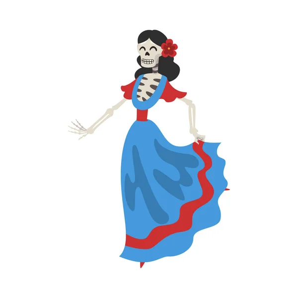 Esqueleto Feminino em Vestido Mexicano, Dia dos Mortos Dia de los Muertos Conceito Vetor Ilustração —  Vetores de Stock