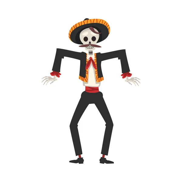 Manlig Skelett i mexikanska nationaldräkt och Sombrero Hat Dancing, Day of the Dead Dia de los Muertos Concept Vector Illustration — Stock vektor