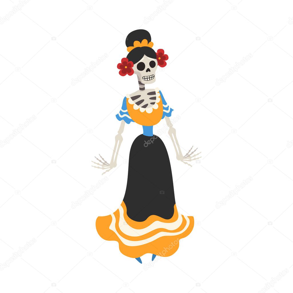 Mexican Woman Skeleton in a Dress, Day of the Dead Dia de los Muertos Concept Vector Illustration
