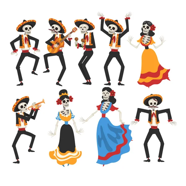 Esqueletos em trajes nacionais mexicanos e chapéus sombrero tocando instrumentos musicais e dançando, Dia dos Mortos Dia de los Muertos Conceito Vetor Ilustração —  Vetores de Stock