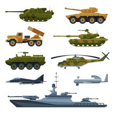 Zırhlı Araçlar Koleksiyonu, Askeri Ağır Taşımacılık, Tank, Uçak Savaşçısı, Roket Fırlatıcı, Helikopter, Savaş Gemisi Düz Vektör İlülasyonu