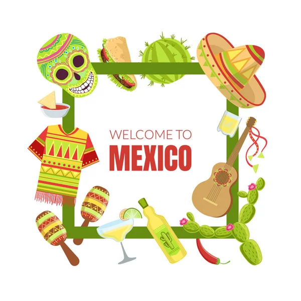 Καλώς ήρθατε στο πρότυπο Mexico Banner με τα σύμβολα Travelling της Square Frame Vector Εικονογράφηση — Διανυσματικό Αρχείο