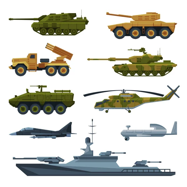 Colección de vehículos blindados del ejército, transporte militar pesado especial, tanque, avión de combate, lanzacohetes, helicóptero, ilustración de vectores planos de buques de guerra — Vector de stock