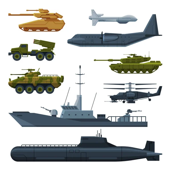 Colección de vehículos blindados del ejército, ilustración plana del vector del transporte especial pesado militar — Vector de stock
