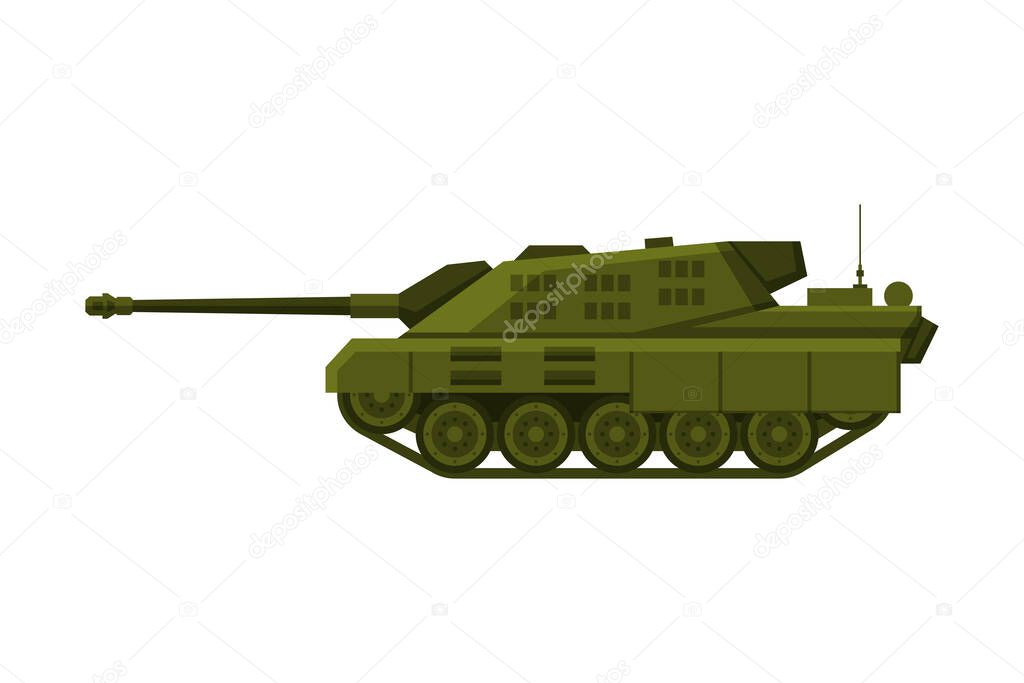 Green Military Tank, Heavy Special Machinery, Armored Fighting Vehicle, War Transport Flat Vector Illustration