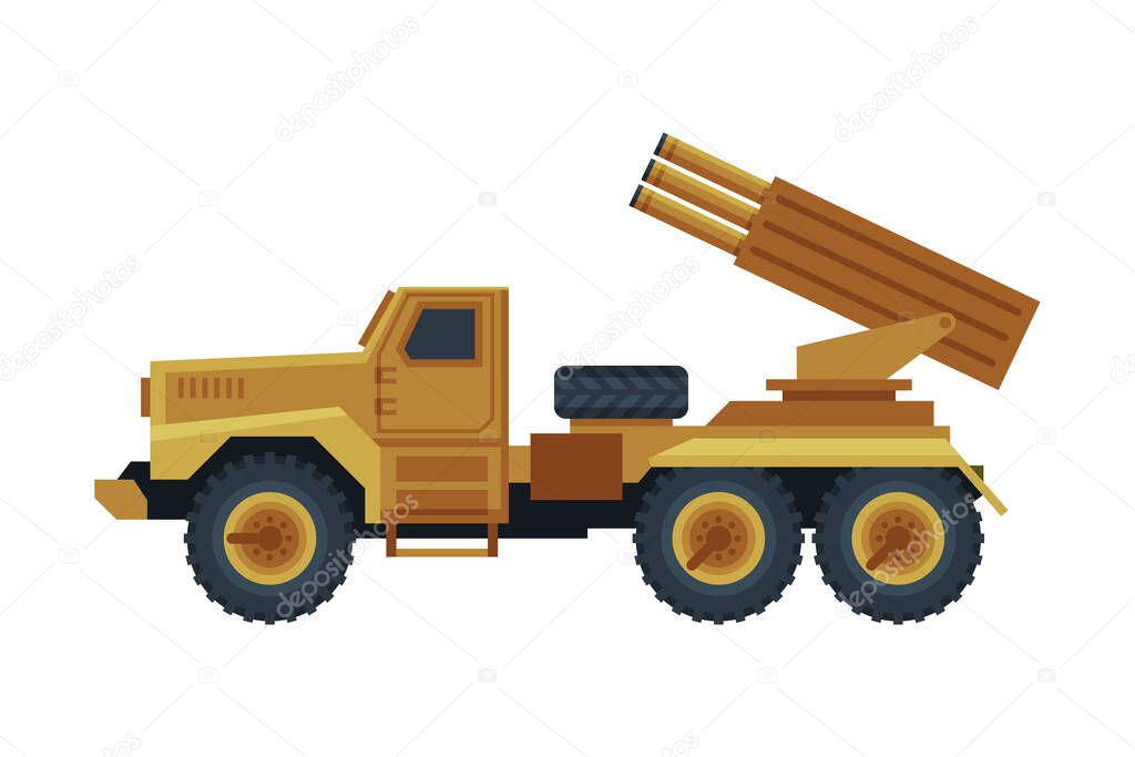 Multiple Rocket Launcher, Military Truck with Intercontinental Ballistic Rocket, Army Machine Flat Vector Illustration