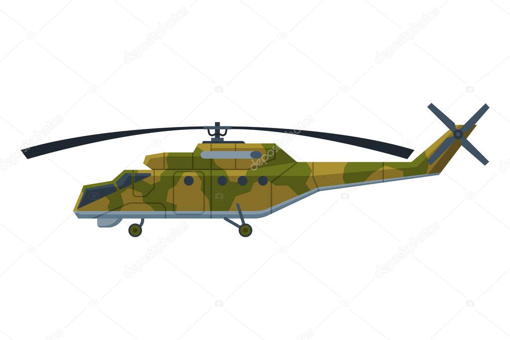 Military Camouflage Helicopter, Heavy Special Vehicle, War Transport Flat Vector Illustration