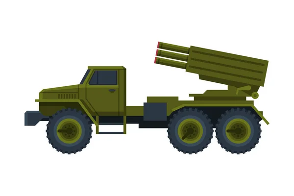 Lancio multiplo di razzi, camion militare con razzo balistico intercontinentale Illustrazione vettoriale piatta — Vettoriale Stock