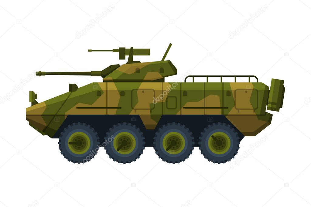 Armored Infantry Vehicle, Heavy Camouflage Special Machinery Flat Vector Illustration
