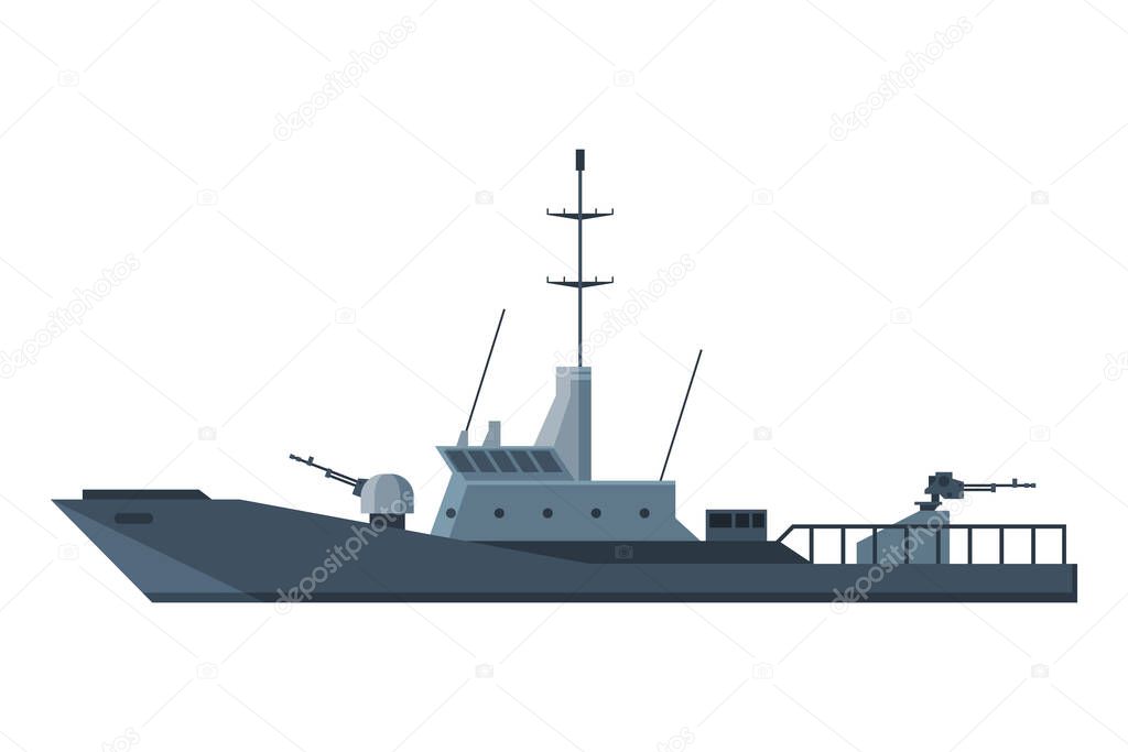 Armored Military Ship, Heavy Special Battleship Flat Vector Illustration