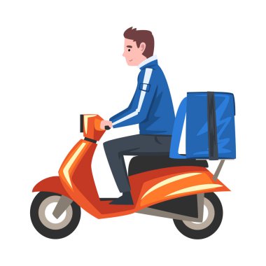 Arkasında Mavi Paket Kutusu olan motosikletli kurye teslimat servisi, Fast Shipping Cartoon Vector Illustration