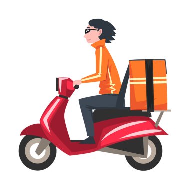 Arkasında Turuncu Paket Kutusu olan Erkek Kurye Scooter, Mal ve Ürünlerin Teslimatı, Hızlı Nakliye Çizgi Filmi Vektör İllüstrasyonu