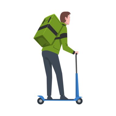 Sırtında Yeşil Paket Kutusu, Teslimat Yemek Servisi, Hızlı Nakliye Çizgi Filmi Çizgi Filmi Resimleri olan Erkek Kurye Elektrikli Tekme Scooter.