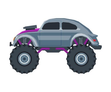 Canavar Kamyonet Aracı, Büyük Lastikleri olan Retro Araba, Ağır Profesyonel Taşıma Vektörü İllüstrasyonu