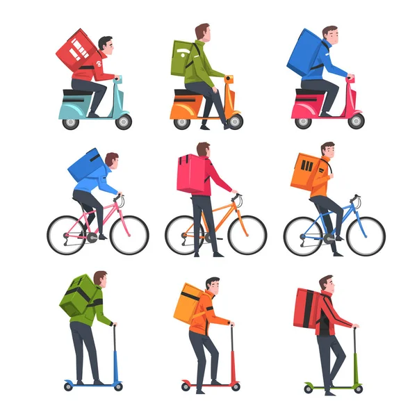 Levering van goederen en producten Service, Mannelijke koeriers paardrijden elektrische Kick Scooter, Motorfiets, Fiets met pakket dozen Set, Snelle verzending Cartoon Vector Illustratie — Stockvector