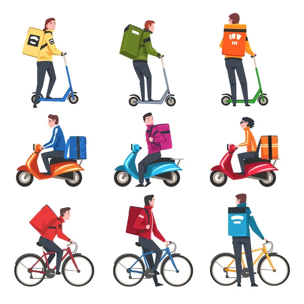 Lebensmittel-Lieferservice, männliche Kuriere Reiten Elektro-Tretroller, Motorrad, Fahrrad mit Paketkasten-Set, schnelle Lieferung Cartoon Vector Illustration — Stockvektor