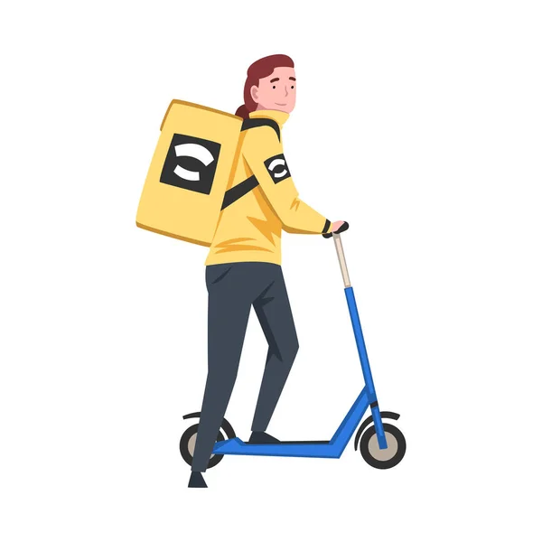 Man Kurir Ridning Elektrisk Spark Scooter med Gul Paketlåda på ryggen, Mat Leverans Service, Snabb Frakt Cartoon Vector Illustration — Stock vektor