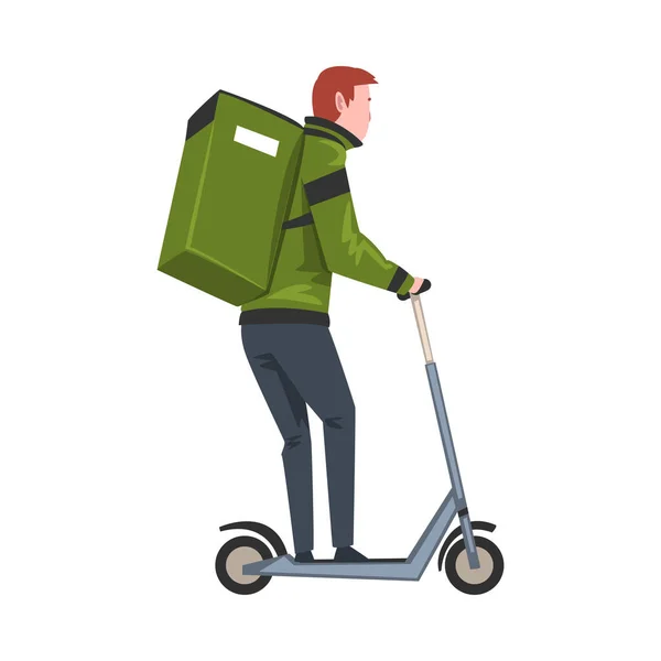 Mannelijke koerier paardrijden elektrische kick scooter met groene pakket doos op zijn rug, Levering van goederen en producten, Snelle verzending Cartoon Vector Illustratie — Stockvector