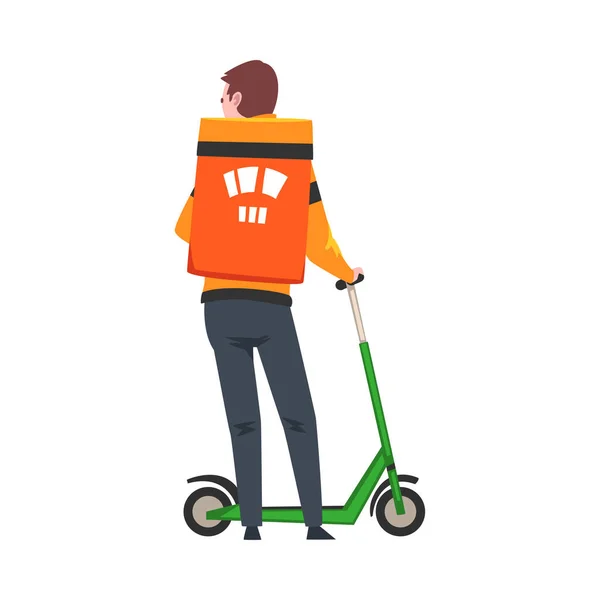 Man Courier met elektrische kick scooter dragen oranje pakket doos op zijn rug, Levering van goederen en producten, Snelle verzending Cartoon Vector Illustratie — Stockvector