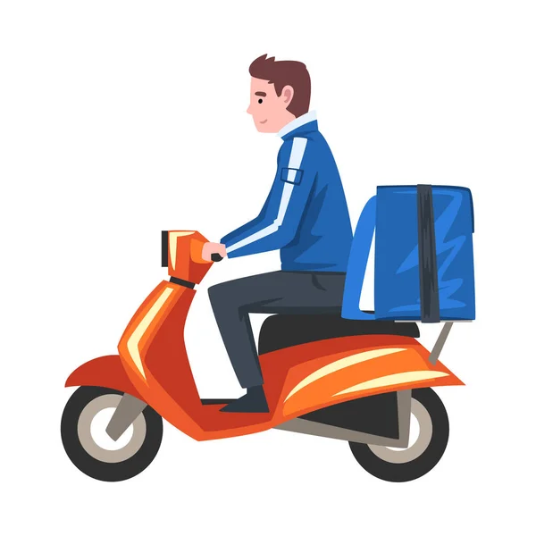 Entrega Hombre que monta la motocicleta de la vespa con la caja azul del paquete en la parte posterior, servicio de comida de la entrega, ilustración rápida del vector de la historieta del envío — Vector de stock