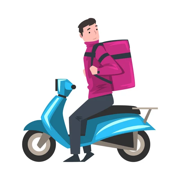 Delivery Man Riding Blue Scooter with Parcel Box on the Back, Delivery Food Service, Fast Shipping Cartoon Vector Illustration - Stok Vektor