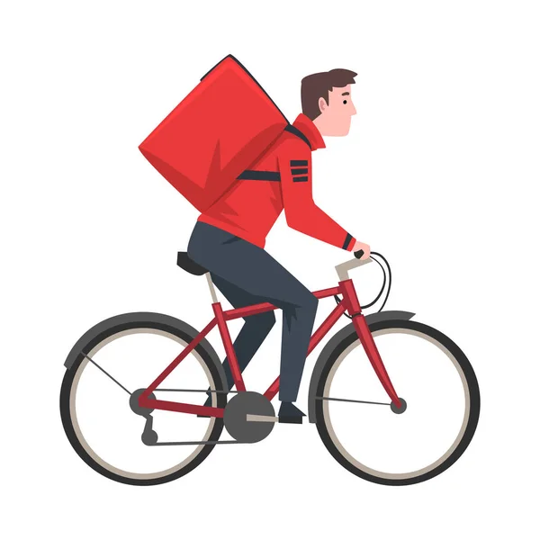 自転車と男性の宅配便彼の背中に赤いパッケージを運ぶ,食品配達サイクリスト,高速配送漫画ベクトルイラスト — ストックベクタ