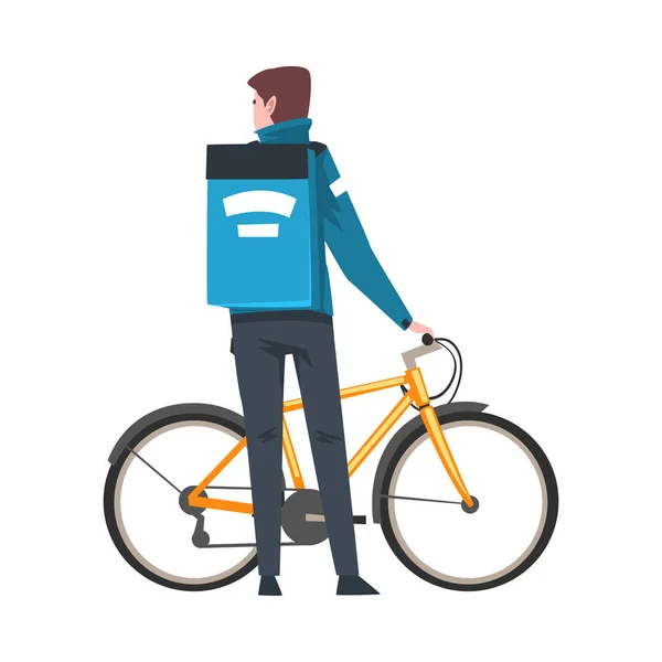 Männlicher Kurier steht mit Fahrrad, das blaues Paket auf dem Rücken trägt, Lebensmittelauslieferungsfahrer, schnelle Lieferung Cartoon Vector Illustration — Stockvektor