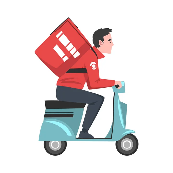 Courier masculino equitação Scooter com caixa de pacote vermelho em suas costas, Serviço de entrega de alimentos, Fast Shipping Cartoon Vector Ilustração —  Vetores de Stock