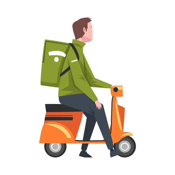 Mannelijke koerier paardrijden scooter motorfiets met groene pakket doos op de rug, levering Food Service, Snelle verzending Cartoon Vector Illustratie — Stockvector