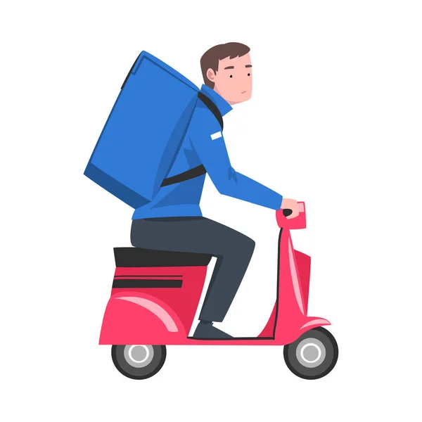 Motocicleta masculina de la vespa del mensajero con la caja azul del paquete en la parte posterior, vista lateral, entrega de mercancías y productos, ilustración rápida del vector de la historieta del envío — Vector de stock