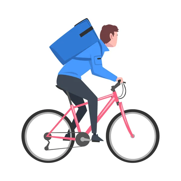 Male Courier Riding Bicycle with Blue Parcel Box on His Back, Delivery Food Service, Fast Shipping Cartoon Vector Illustration — Stock Vector