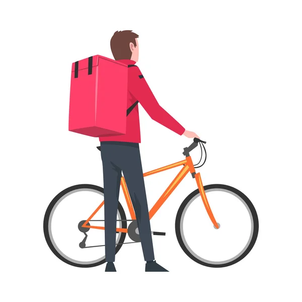 Männliche Kurier mit Fahrrad-Tragepaket auf dem Rücken, Lebensmittel-Lieferung Radfahrer, Fast Shipping Cartoon Vector Illustration — Stockvektor