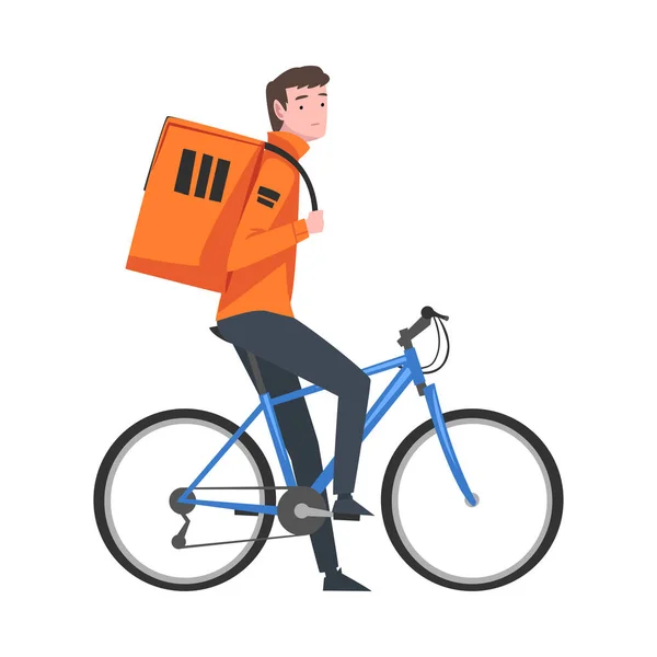 Männlicher Kurier fährt Fahrrad mit orangefarbenem Paketkasten auf der Rückseite, Lieferservice, Fast Shipping Cartoon Vector Illustration — Stockvektor