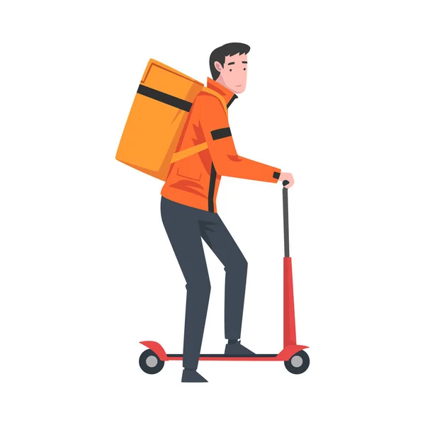 Mannelijke koerier Riding Kick Scooter met Pakketdoos op zijn rug, Levering van goederen en producten, Snelle verzending Cartoon Vector Illustratie — Stockvector